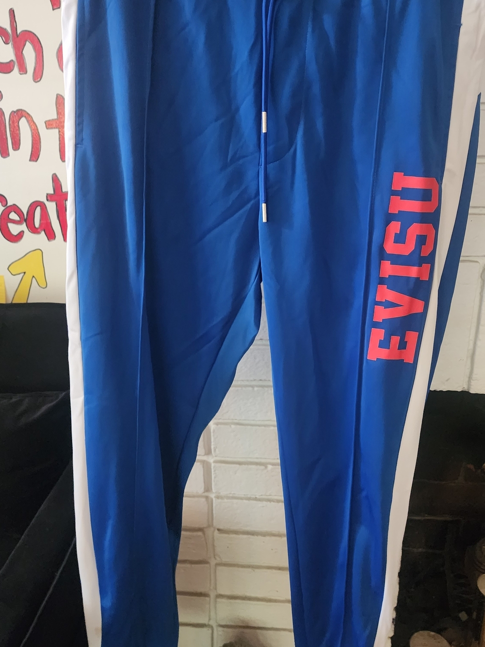 Evisu Royal Blue Joggers with White Side Stripe and Red Logo